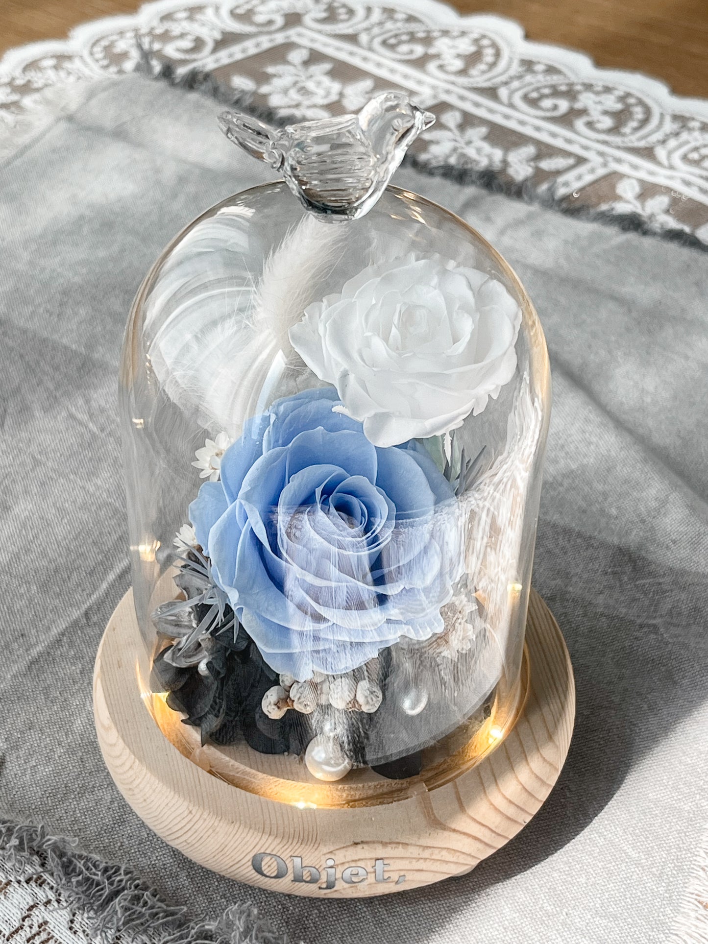 Enchanted Rose Glass Dome #10 - Azure Birdsong (LED Base)