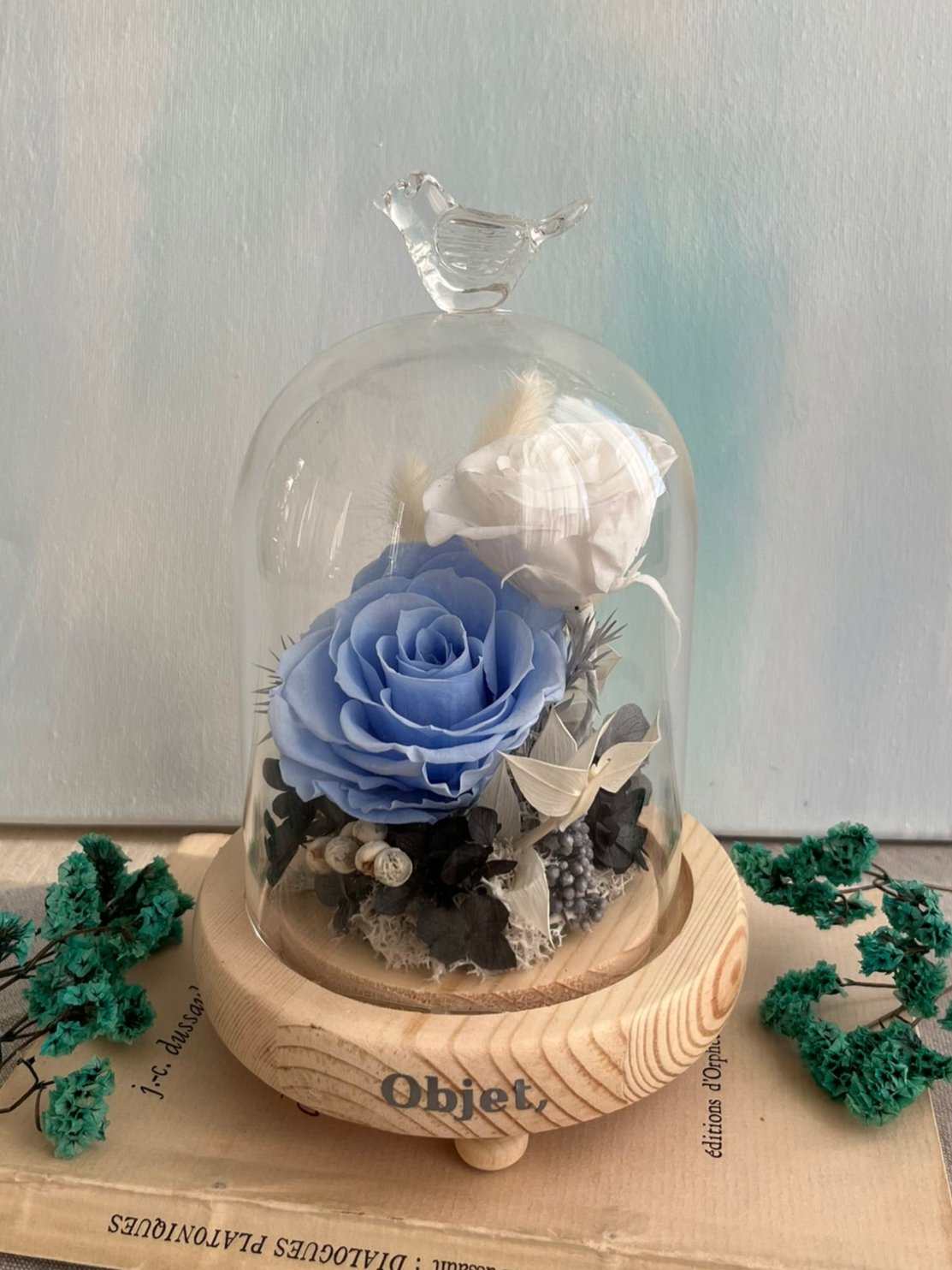 Enchanted Rose Glass Dome #10 - Azure Birdsong (LED Base)